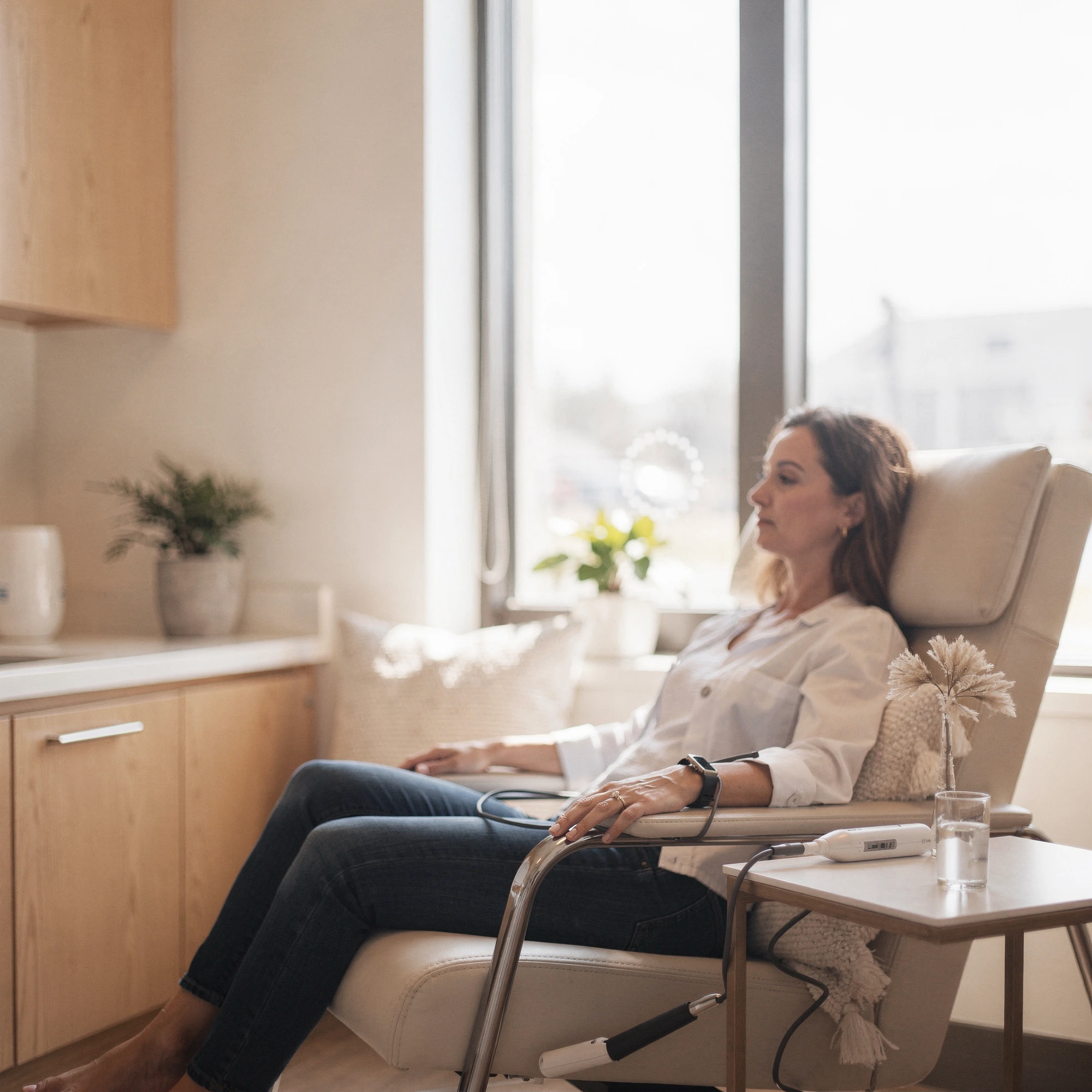 Patient seated in a comfortable chair during Spravato treatment at Myndful Wellness, with a nasal device and monitoring equipment nearby